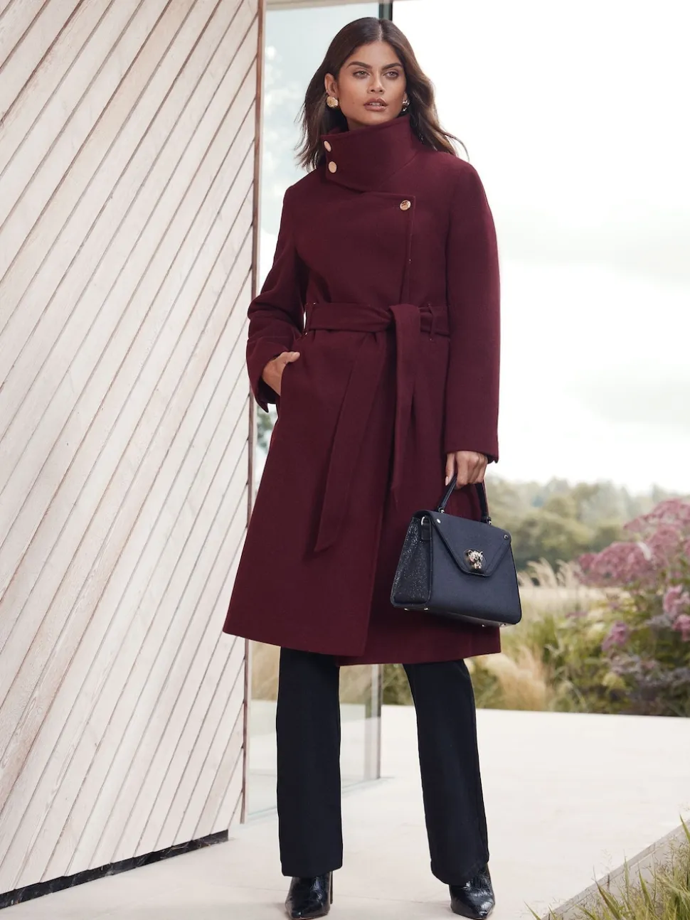 Lipsy Berry Red Asymmetrical Funnel Neck Belted Coat