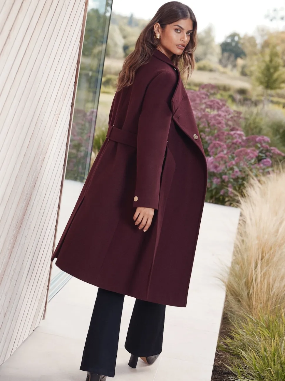 Lipsy Berry Red Asymmetrical Funnel Neck Belted Coat