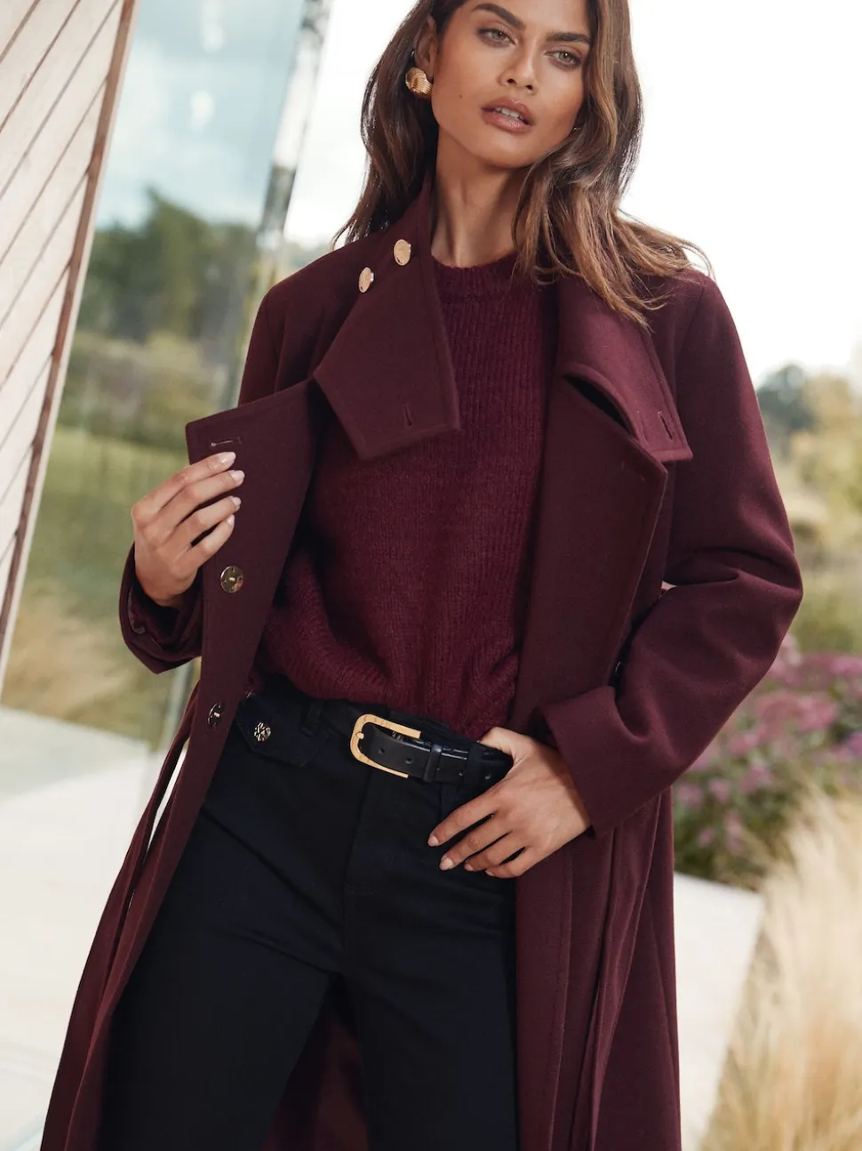 Lipsy Berry Red Asymmetrical Funnel Neck Belted Coat