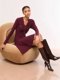 Lipsy Berry Red Fringe Buttoned V-Neck Long Sleeve Mini Knitted Dress