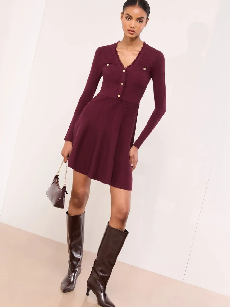 Lipsy Berry Red Fringe Buttoned V-Neck Long Sleeve Mini Knitted Dress