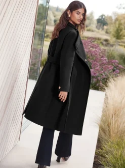 Lipsy Black Asymmetrical Funnel Neck Belted Coat
