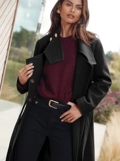 Lipsy Black Asymmetrical Funnel Neck Belted Coat