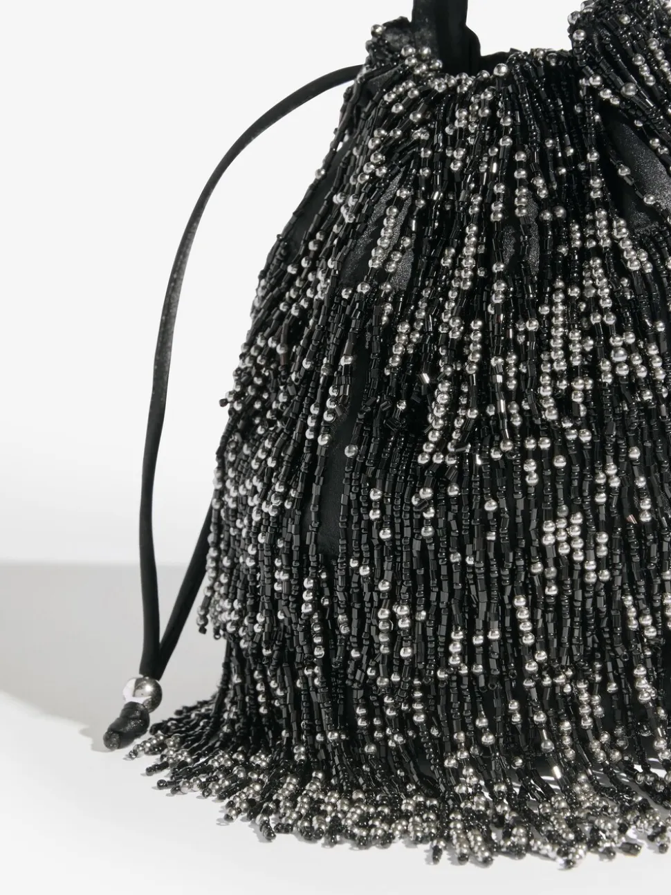 Lipsy Black Beaded Fringe Satin Shoulder Bag