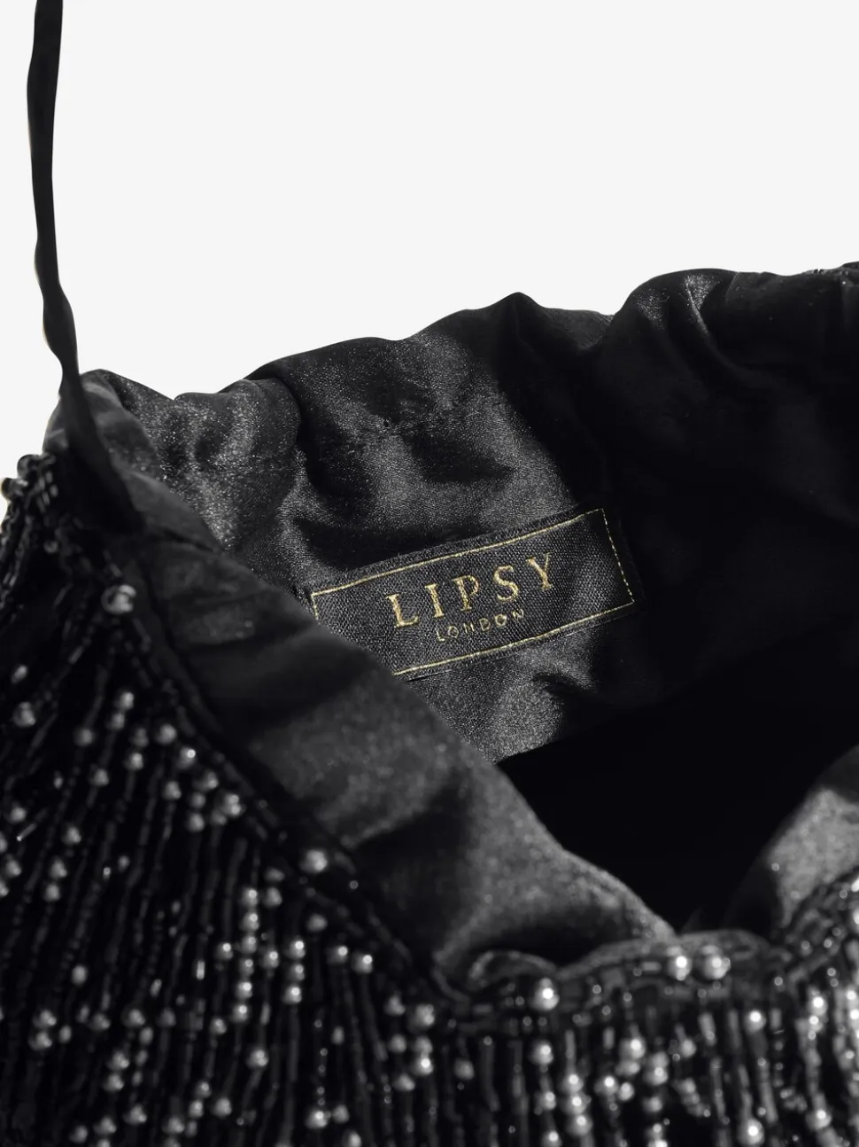 Lipsy Black Beaded Fringe Satin Shoulder Bag