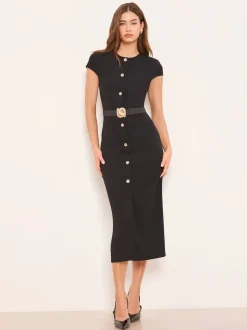 Lipsy Black Cap Sleeve Button Through Belted Bodycon Midi Dress