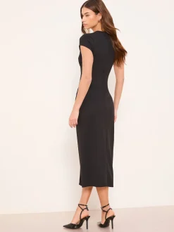 Lipsy Black Cap Sleeve Button Through Belted Bodycon Midi Dress