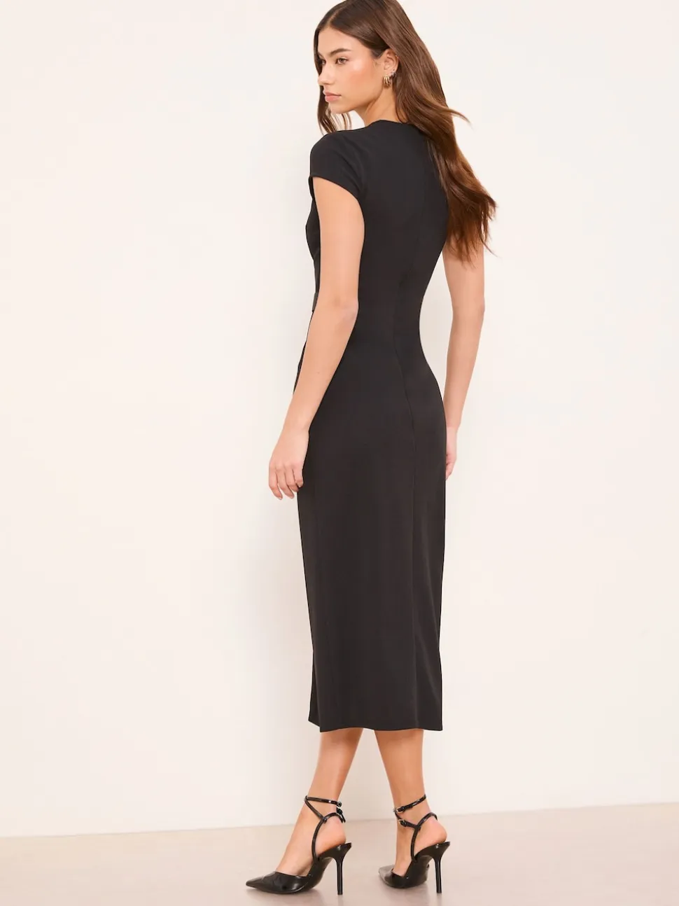 Lipsy Black Cap Sleeve Button Through Belted Bodycon Midi Dress