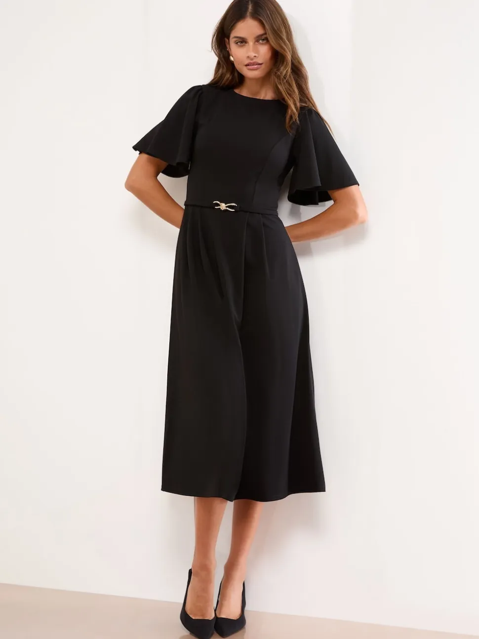 Lipsy Black Crew Neck Short Sleeve Fit and Flare Midi Dress with Gold Trim Belt