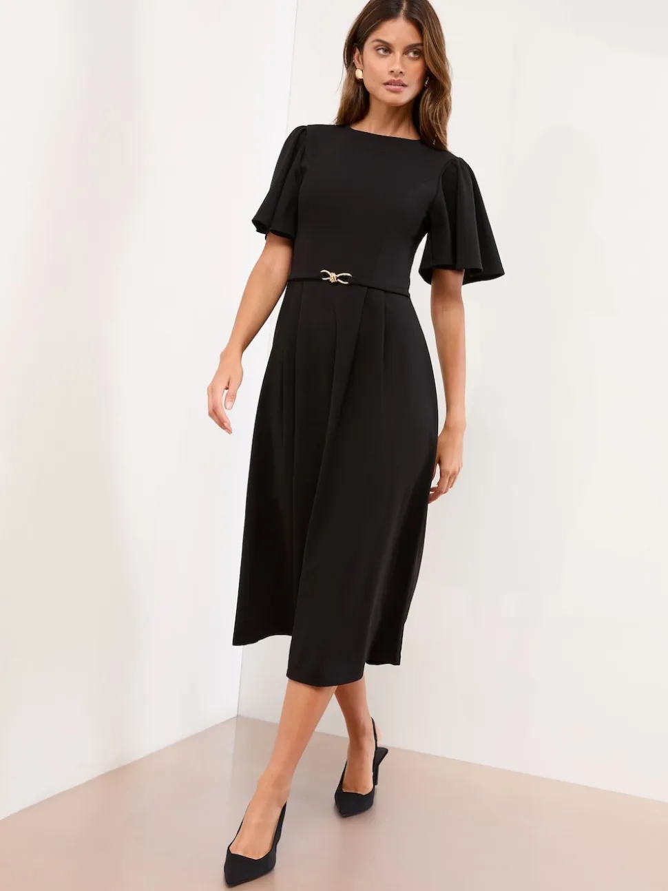 Lipsy Black Crew Neck Short Sleeve Fit and Flare Midi Dress with Gold Trim Belt