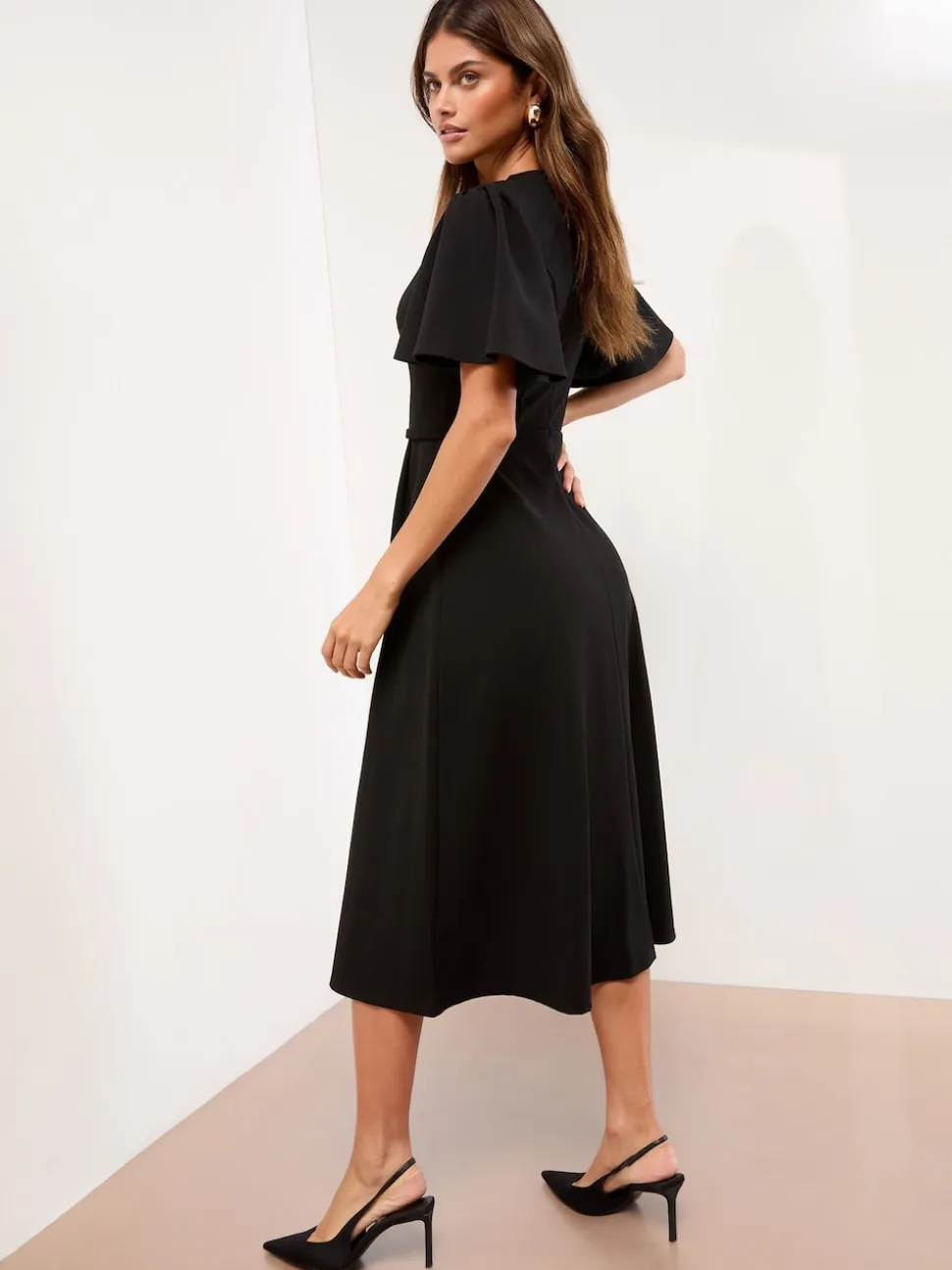 Lipsy Black Crew Neck Short Sleeve Fit and Flare Midi Dress with Gold Trim Belt