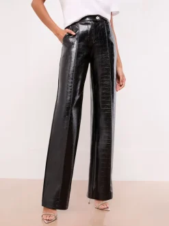 Lipsy Black Croc Faux Leather Pintuck Tailored Wide Leg Trousers