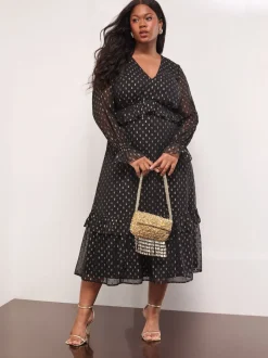 Lipsy Black Curve Metallic Spot V-Neck Ruffle Midi Dress