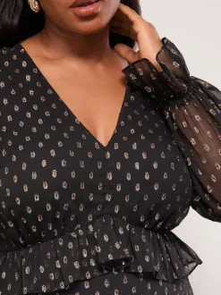Lipsy Black Curve Metallic Spot V-Neck Ruffle Midi Dress