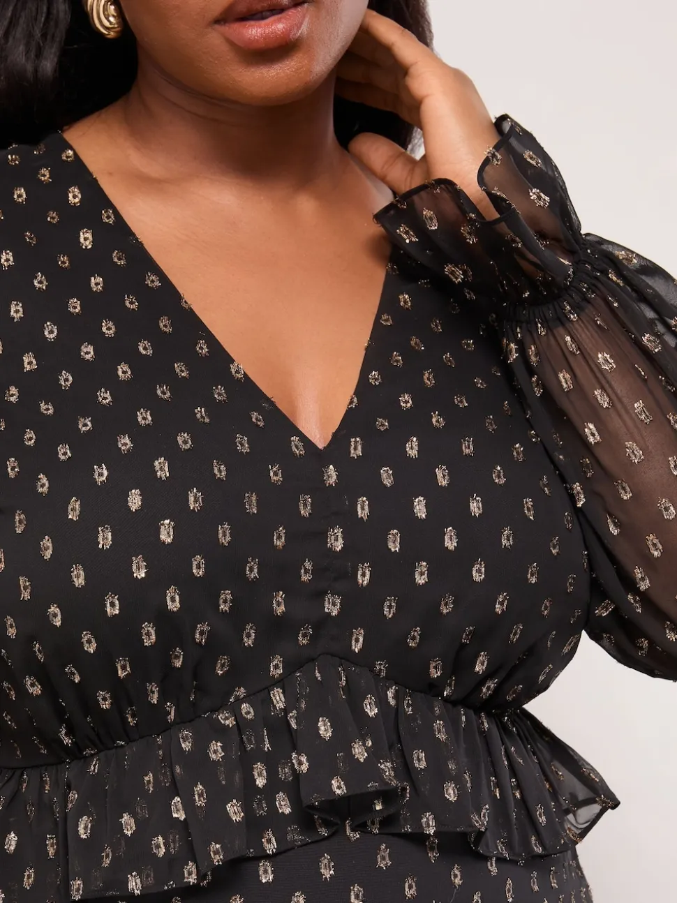 Lipsy Black Curve Metallic Spot V-Neck Ruffle Midi Dress