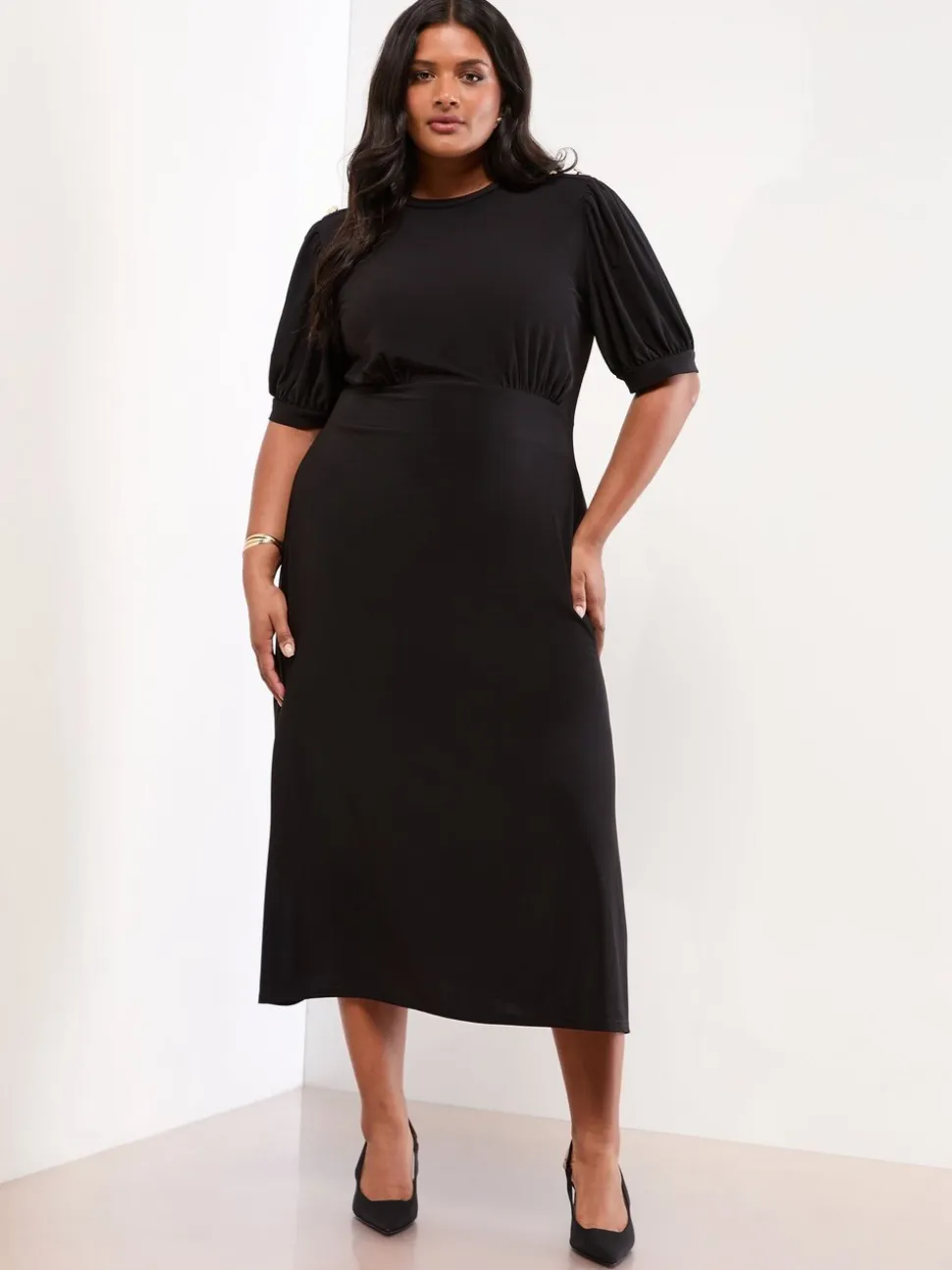 Lipsy Black Curve Military Button Short Sleeve Midi Jersey Dress