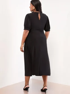 Lipsy Black Curve Military Button Short Sleeve Midi Jersey Dress