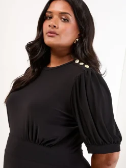 Lipsy Black Curve Military Button Short Sleeve Midi Jersey Dress