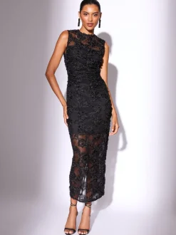 Lipsy Black 3d Floral Mesh Midaxi Bodycon Dress
