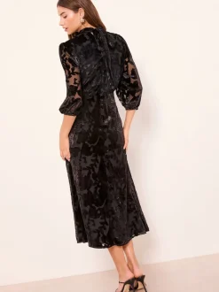 Lipsy Black Devore Velvet Puff Sleeve Midi Dress