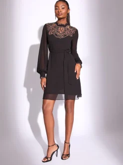 Lipsy Black Embellished Cut Out Artwork Long Sleeve Mini Shift Dress