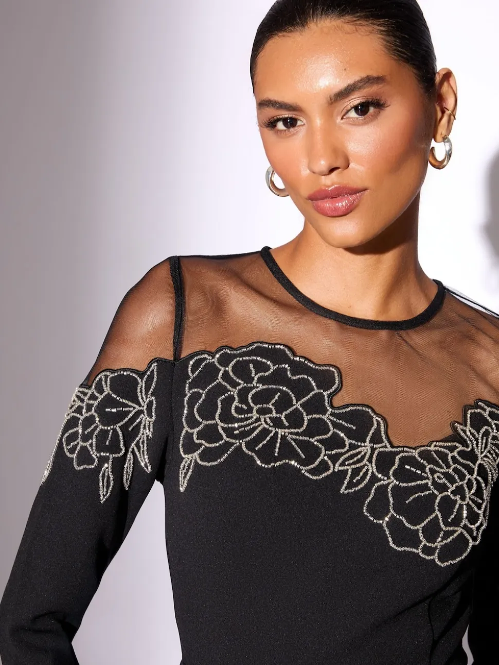 Lipsy Black Embellished Floral Long Sleeve Skater Mini Dress