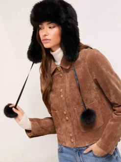 Lipsy Black Faux Fur Trapper Hat with Poms