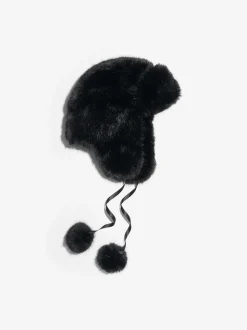 Lipsy Black Faux Fur Trapper Hat with Poms