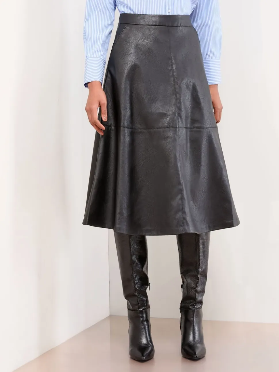 Lipsy Black Faux Leather Textured Fit and Flared Midi Skirt