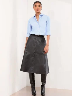 Lipsy Black Faux Leather Textured Fit and Flared Midi Skirt