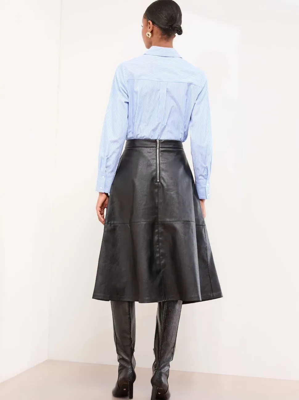 Lipsy Black Faux Leather Textured Fit and Flared Midi Skirt