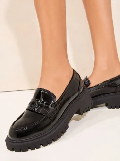 Lipsy Black Faux Leather Patent Chunky Penny Loafers