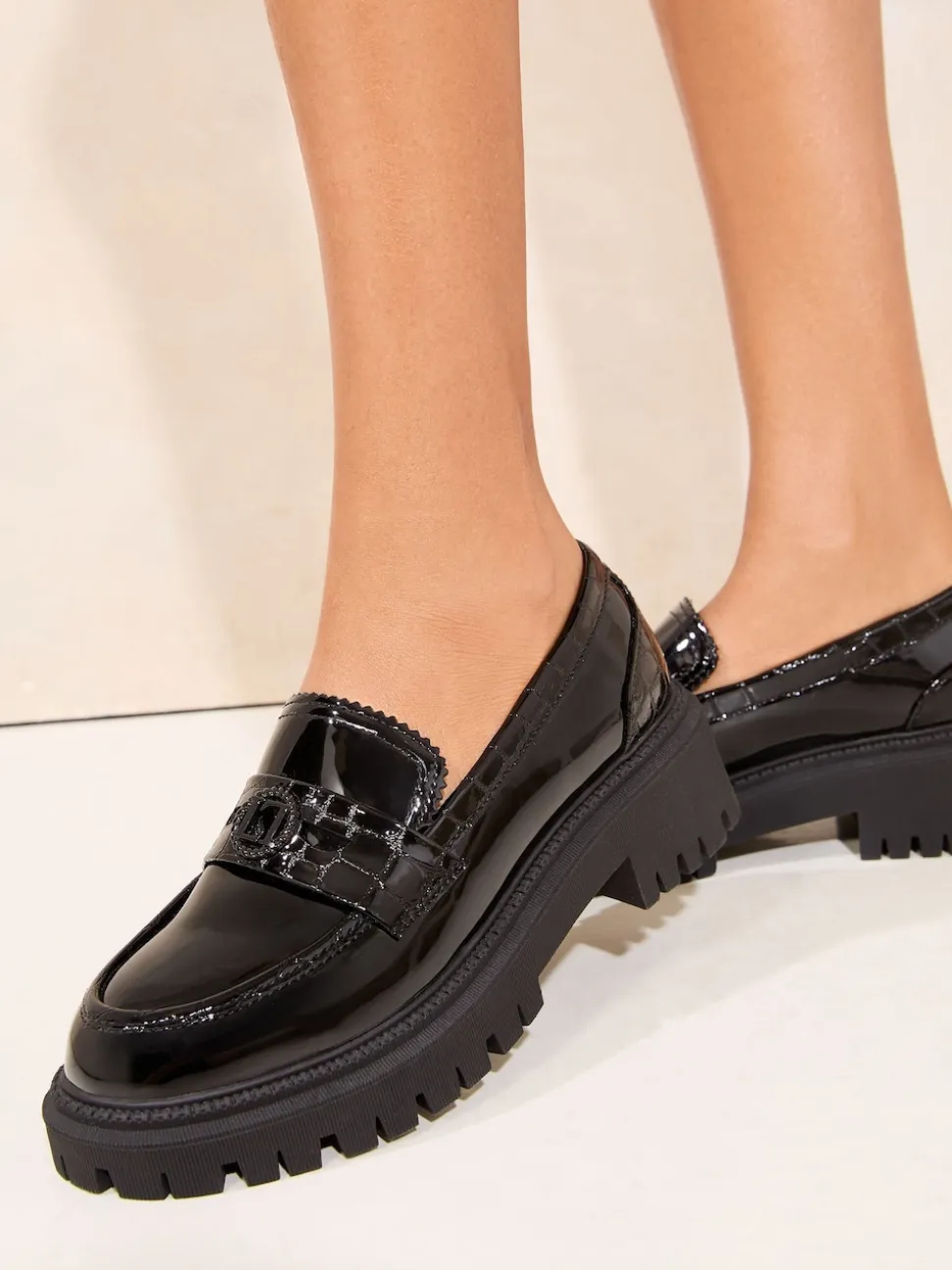 Lipsy Black Faux Leather Patent Chunky Penny Loafers