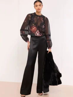 Lipsy Black Floral Lace Insert Sheer Blouse