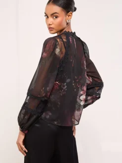 Lipsy Black Floral Lace Insert Sheer Blouse