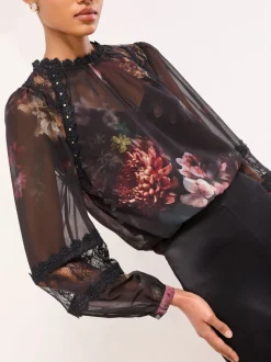 Lipsy Black Floral Lace Insert Sheer Blouse
