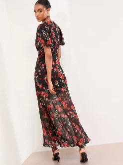 Lipsy Black Floral Print Short Sleeve Woven Maxi Dress