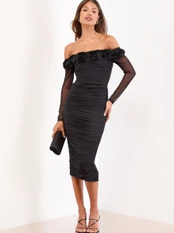Lipsy Black Flower 3D Trim Bardot Long Sleeve Mesh Bodycon Midi Dress