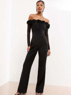 Lipsy Black Flower 3D Trim Bardot Long Sleeve Mesh Jumpsuit