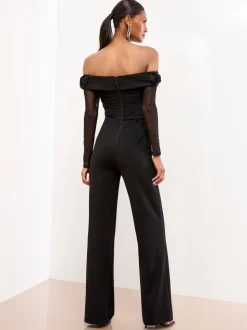 Lipsy Black Flower 3D Trim Bardot Long Sleeve Mesh Jumpsuit