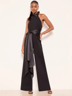 Lipsy Black Halter Neck Satin Drape Jumpsuit