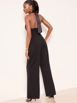 Lipsy Black Halter Neck Satin Drape Jumpsuit
