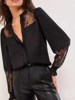 Lipsy Black Lace Detail Grandad Shirt