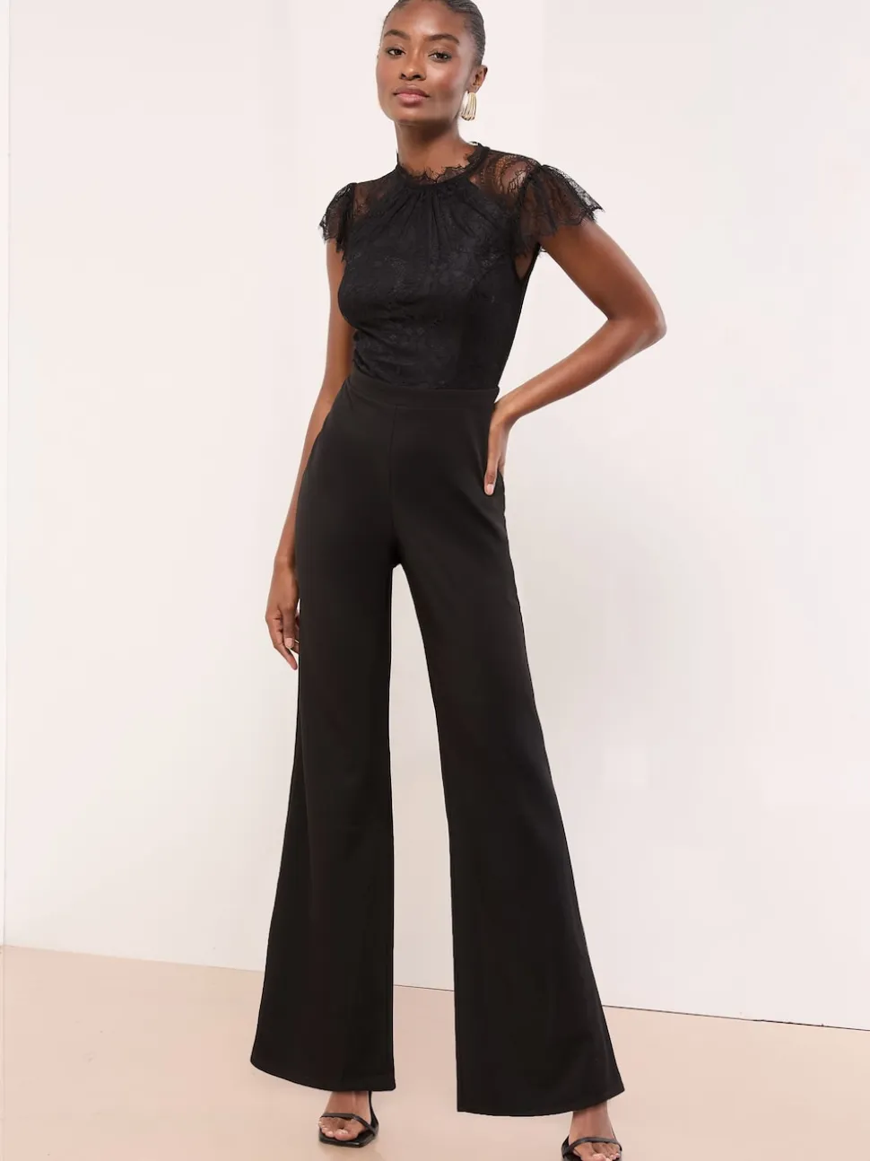 Lipsy Black Lace High Neck Short Sleeve Jumpsuit