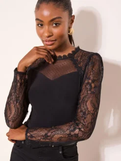 Lipsy Black Lace Long Sleeve Top