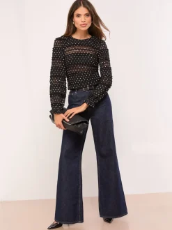 Lipsy Black Lace Polka Dot Long Sleece Top