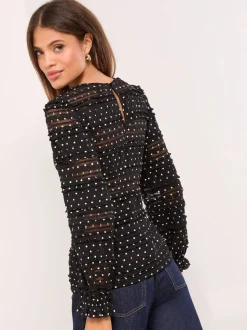Lipsy Black Lace Polka Dot Long Sleece Top