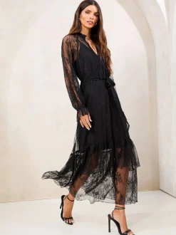Lipsy Black Lace Ruffle Long Sleeve Midi Dress