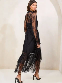 Lipsy Black Lace Ruffle Long Sleeve Midi Dress