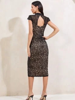 Lipsy Black Lace Short Sleeve Bodycon Midi Dress